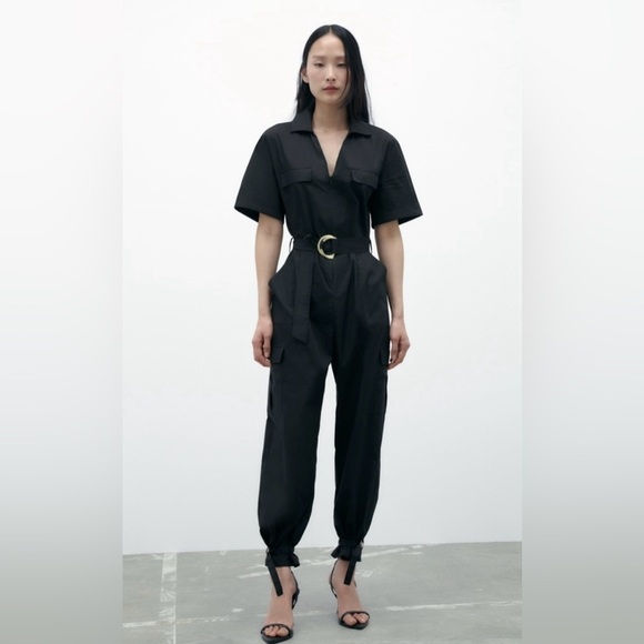 Zara Black Poplin Cargo Boiler Utility Suit Jumpsuit - Picture 16 of 16